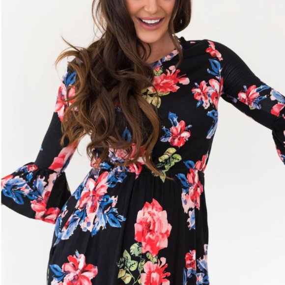 Neesee's Dresses Black and Pink Floral Midi Dress - Picture 2 of 5